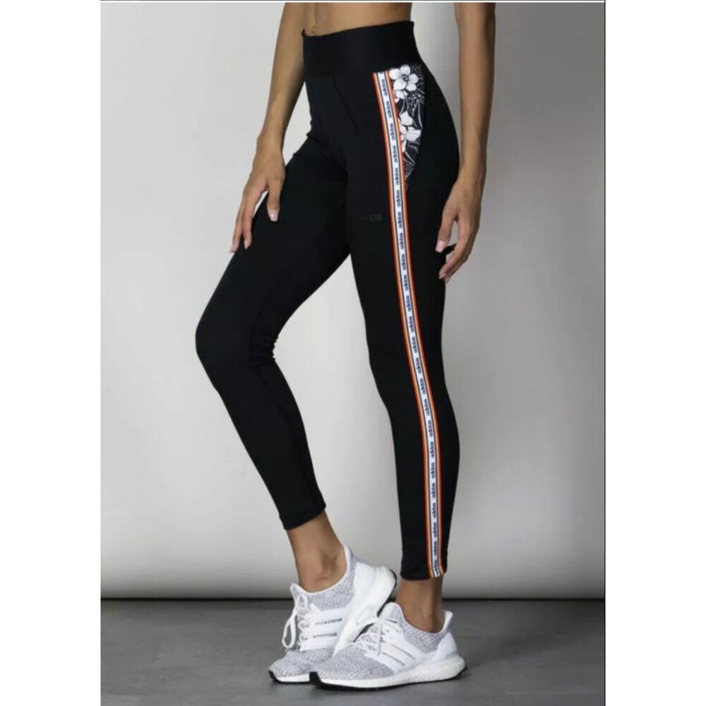 FARM Rio Black Leggings with Orange & White Side Stripe and Floral Accent